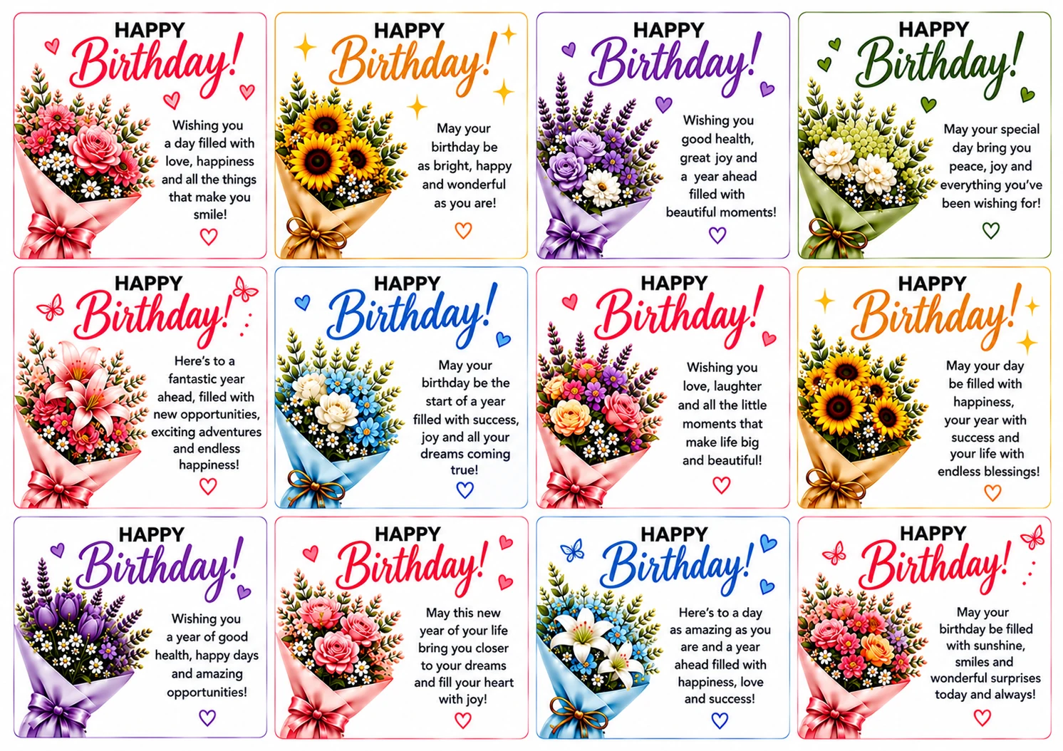 Twelve Happy Birthday mini cards with flower bouquets and wishes