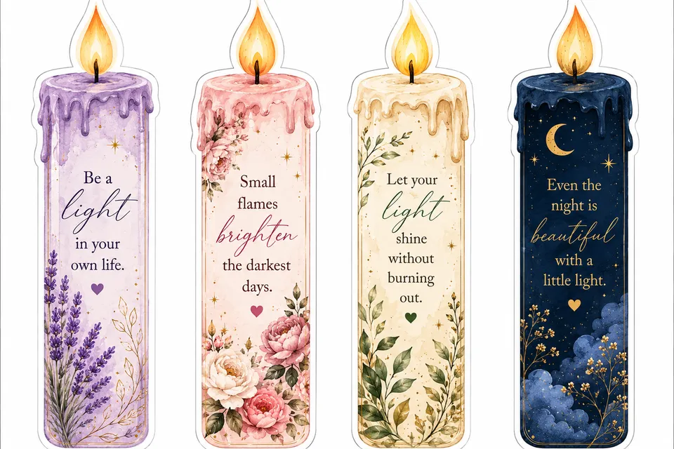 Four candle-shaped bookmarks in lavender, pink, cream and navy with quotes about light