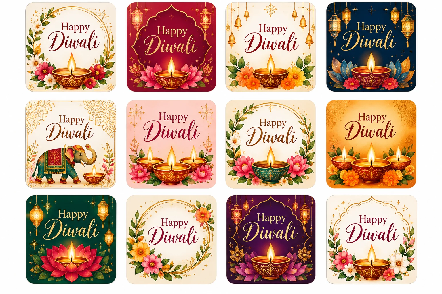 Twelve mini single-sided Happy Diwali cards with diyas, lotuses and lanterns, by Flinosh Prints