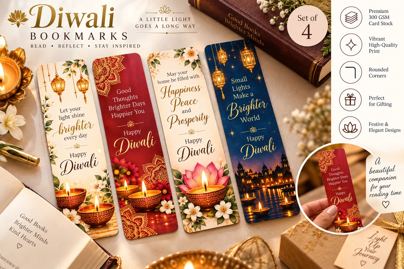 Set of four Diwali bookmarks with diyas, lanterns and lotus designs