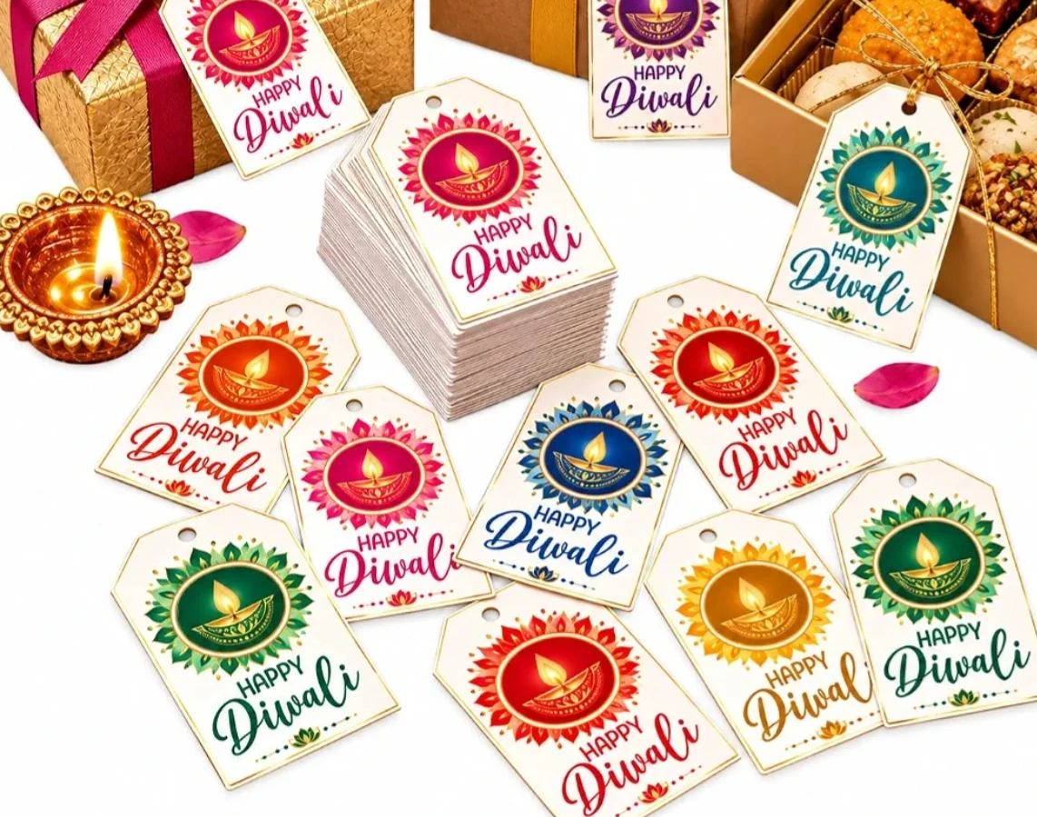 Happy Diwali gift tags with colourful diya designs on gift boxes
