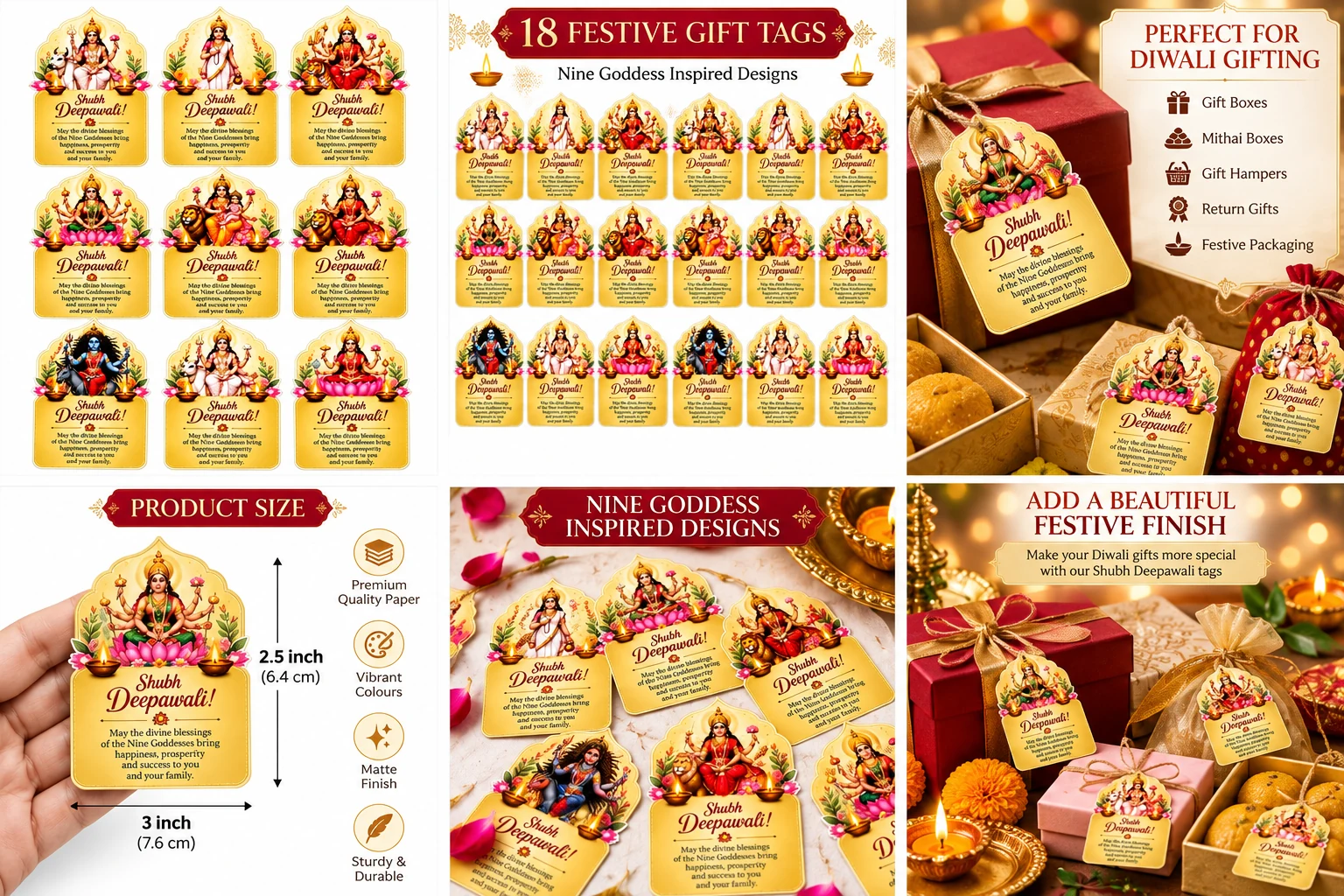 Shubh Deepawali gift tags with nine goddess designs, 3 by 2.5 inches