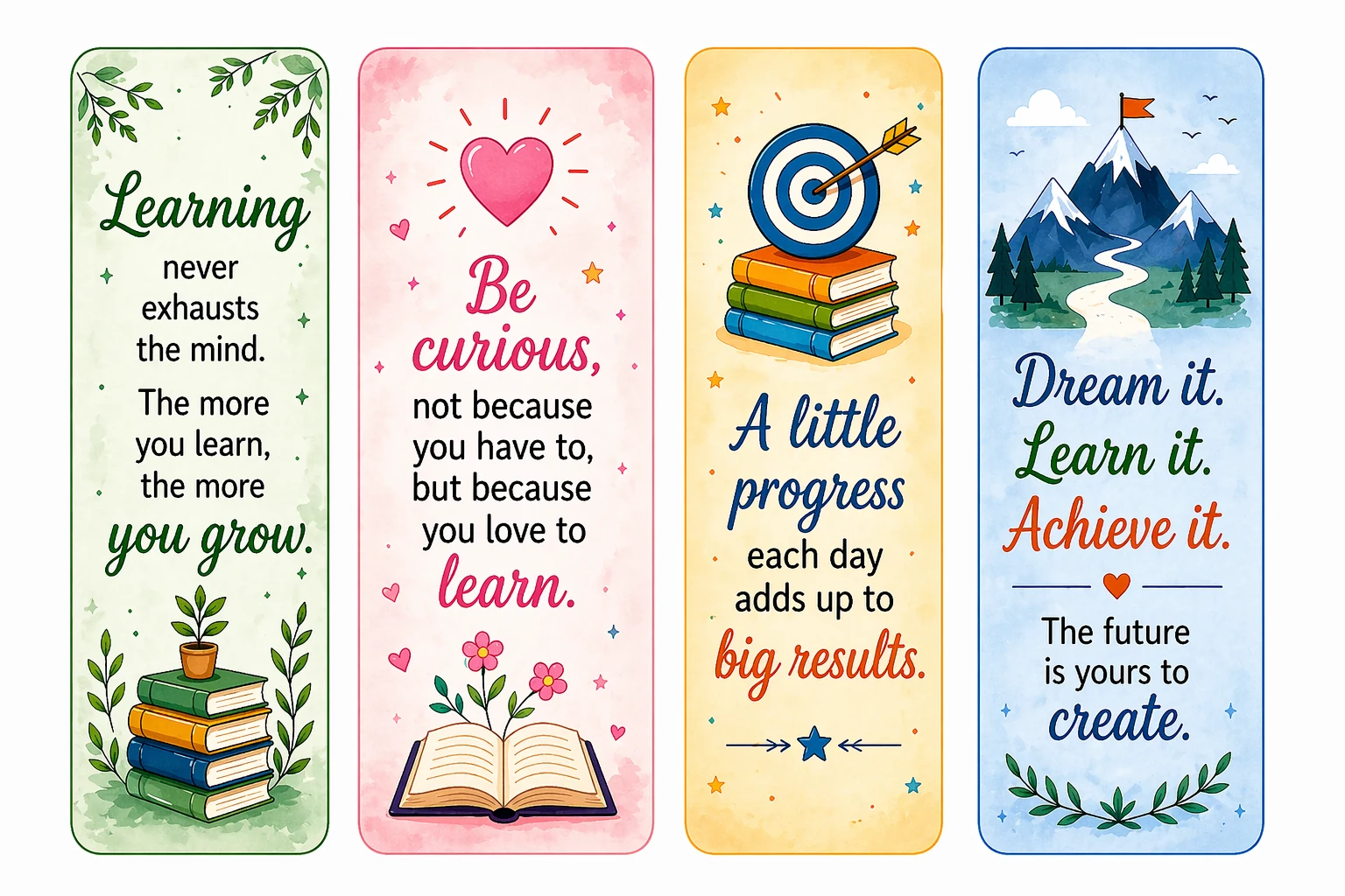 Four educational quote bookmarks with books, a lightbulb and a mountain path