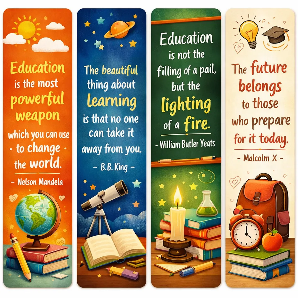 Four education quote bookmarks with quotes by Nelson Mandela, B.B. King, W.B. Yeats and Malcolm X