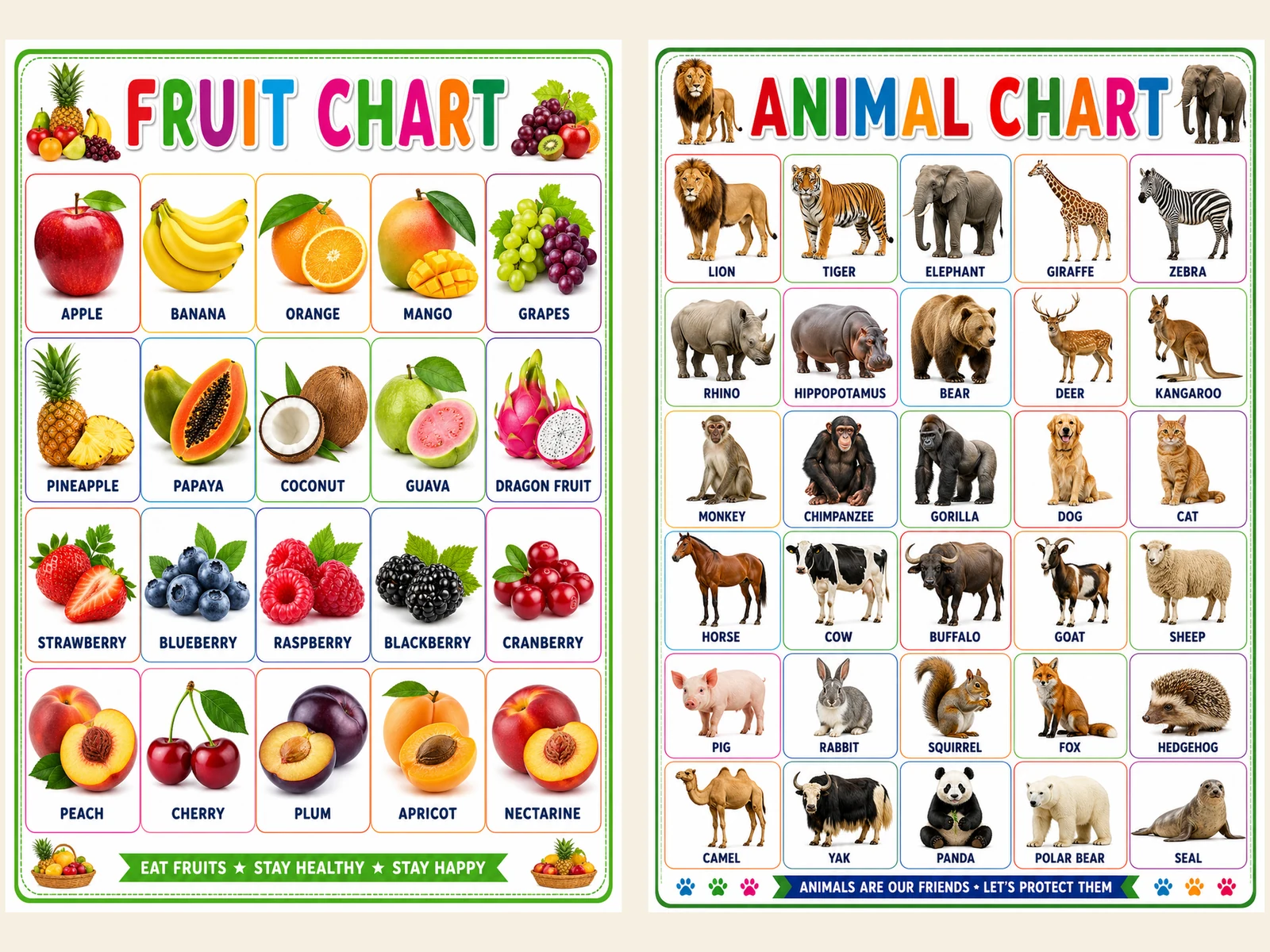 Fruit chart and animal chart for kids, by Flinosh Prints