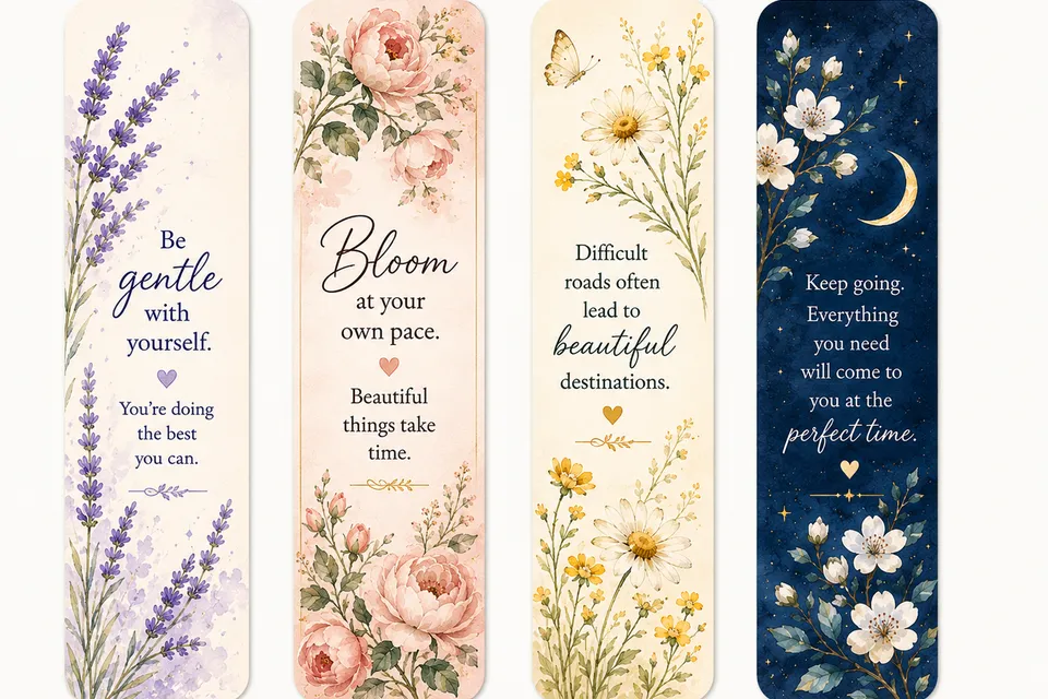Four watercolour floral bookmarks with lavender, peonies, daisies and night blossoms and kind quotes
