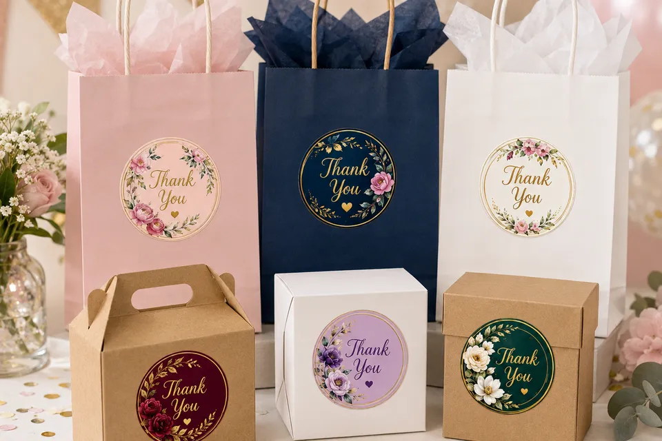 Floral Thank You round stickers on pink, navy and white gift bags and kraft boxes