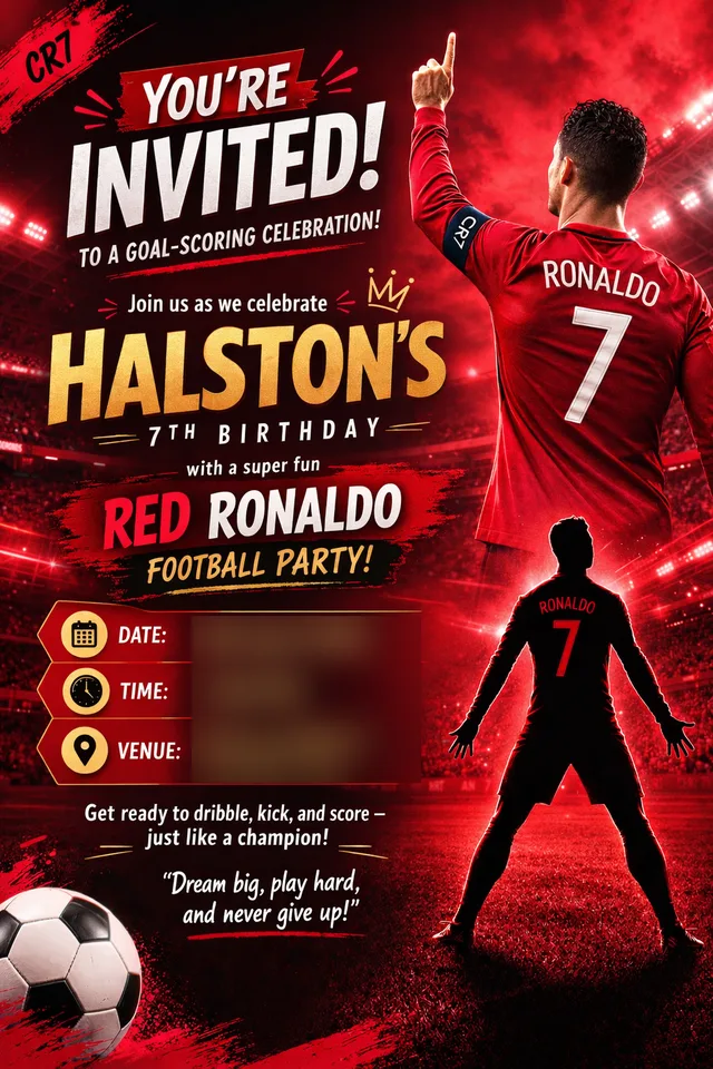 Red football theme invitation for Halston's 7th birthday, with a stadium background and a footballer in a number 7 shirt