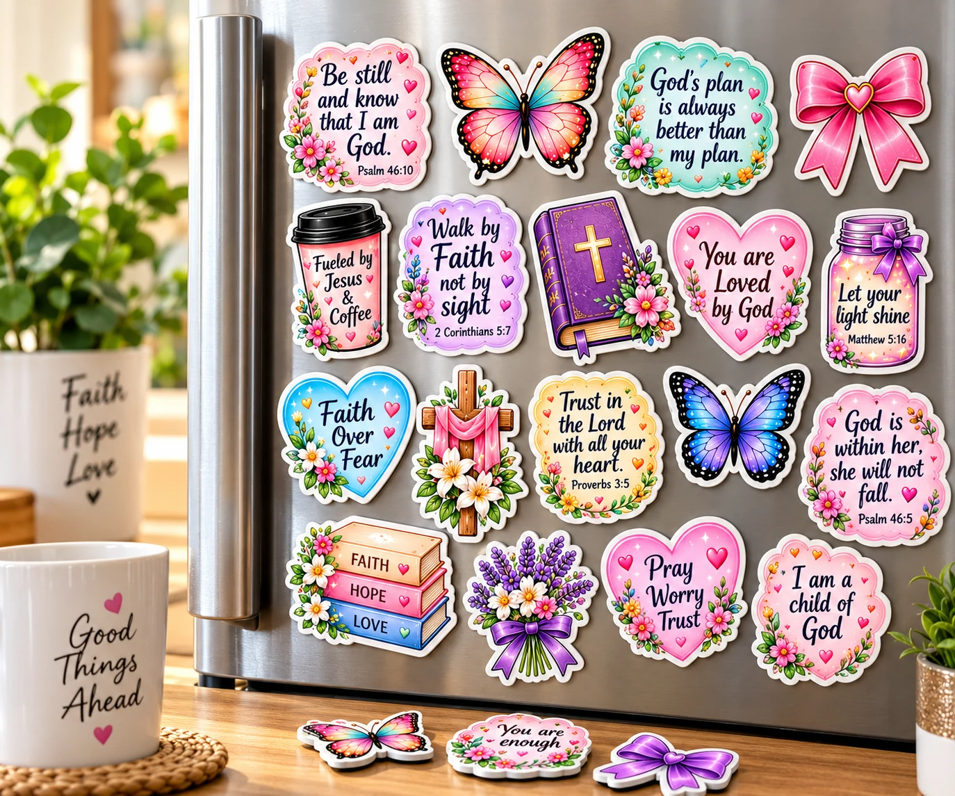 Faith-themed fridge magnets with Bible verses, butterflies and flowers, by Flinosh Prints
