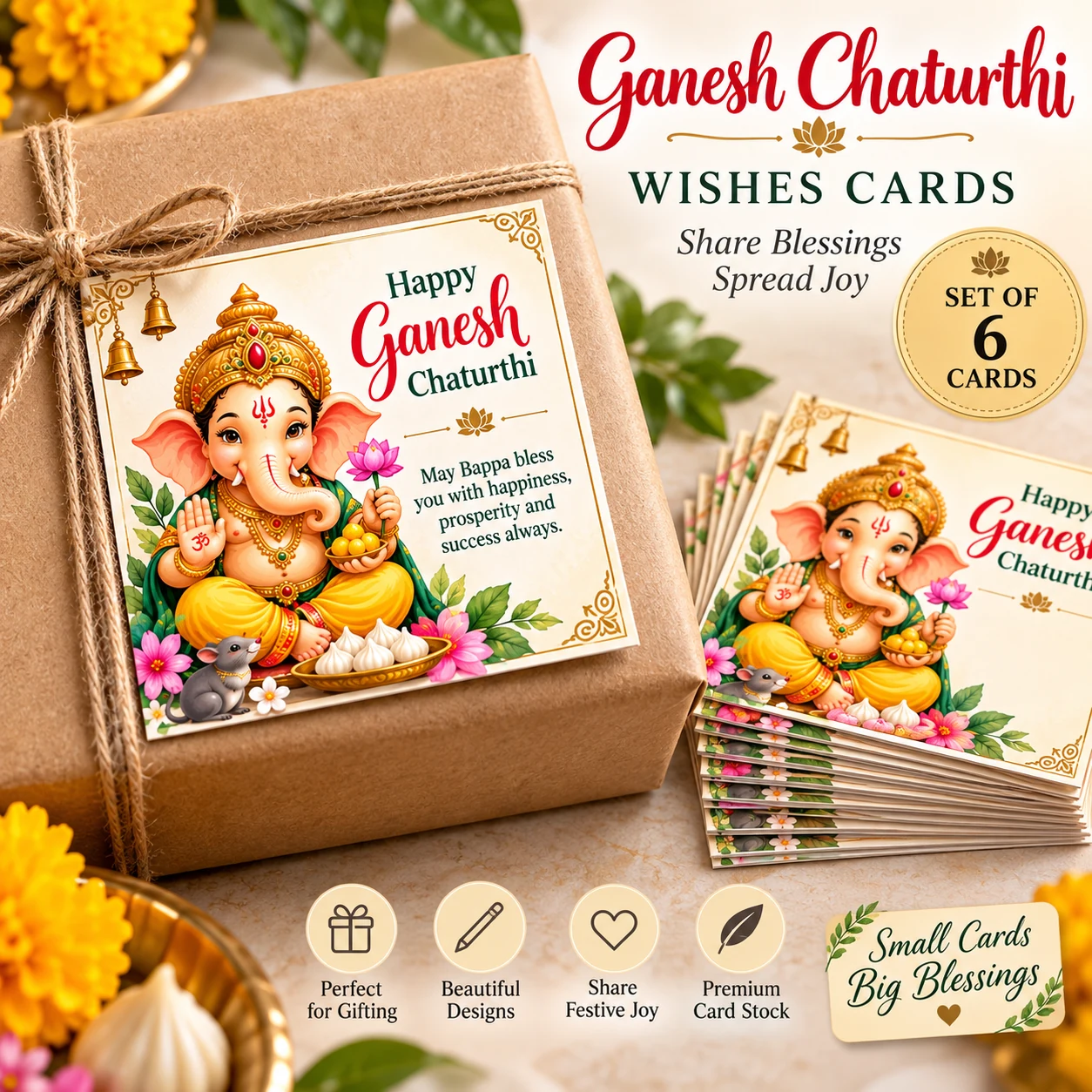 Ganesh Chaturthi wishes cards on a kraft gift box