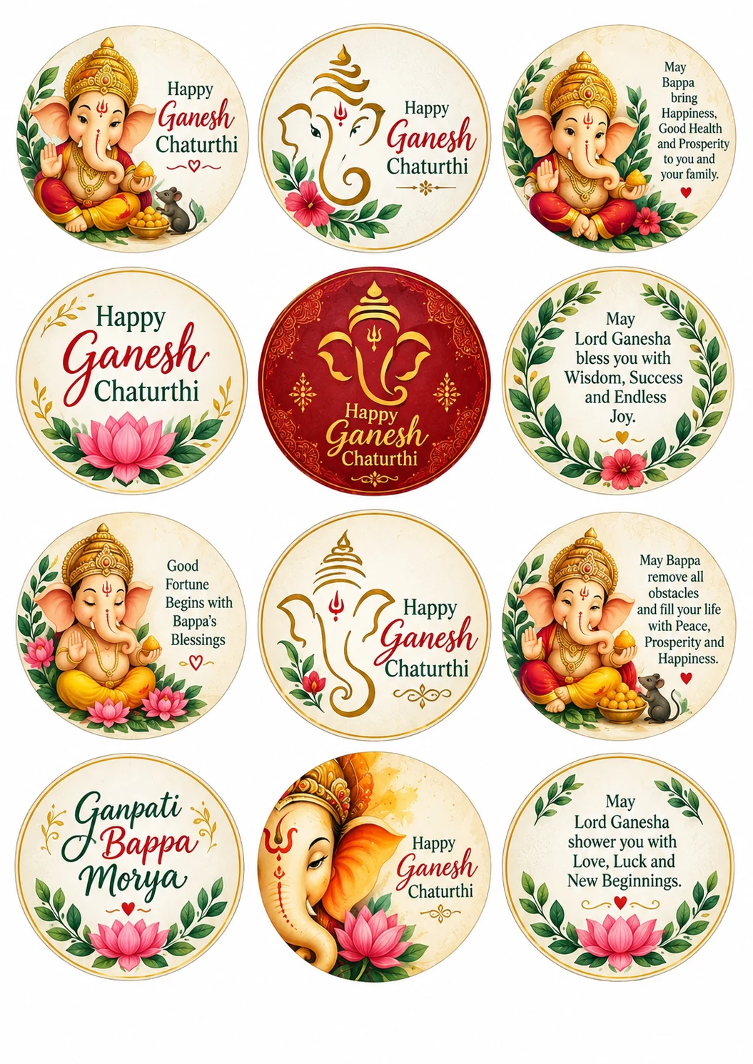 Sheet of twelve round Ganesh Chaturthi stickers with Ganesha artwork and blessings
