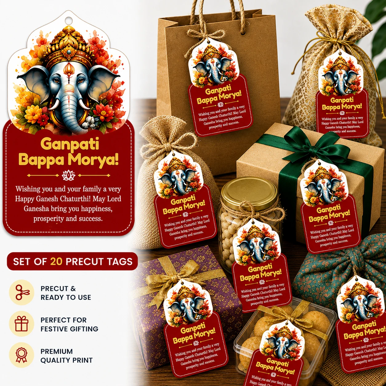 Maroon Ganpati Bappa Morya gift tags on festive gift bags and boxes