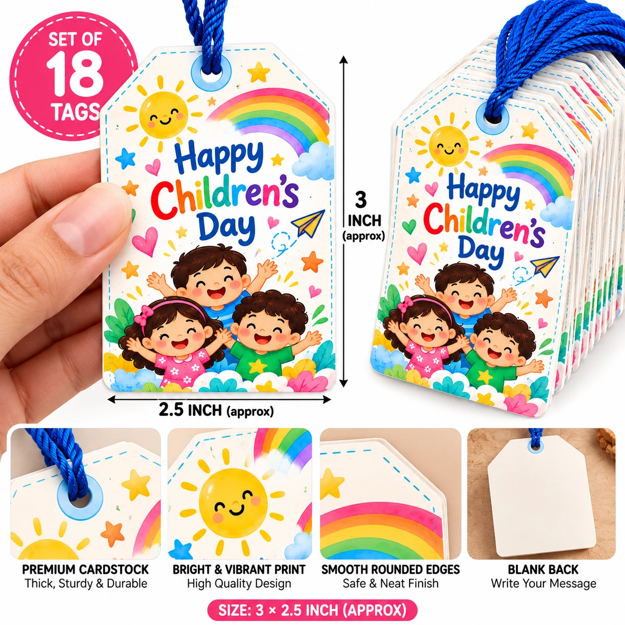 Set of 18 Happy Children's Day gift tags, 3 by 2.5 inches, on premium cardstock, by Flinosh Prints