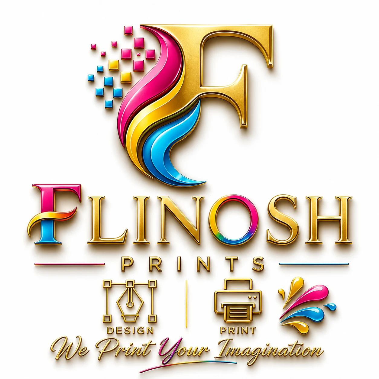 Flinosh Prints logo: a gold F with pink, yellow and cyan ink swirls, Design and Print, We Print Your Imagination