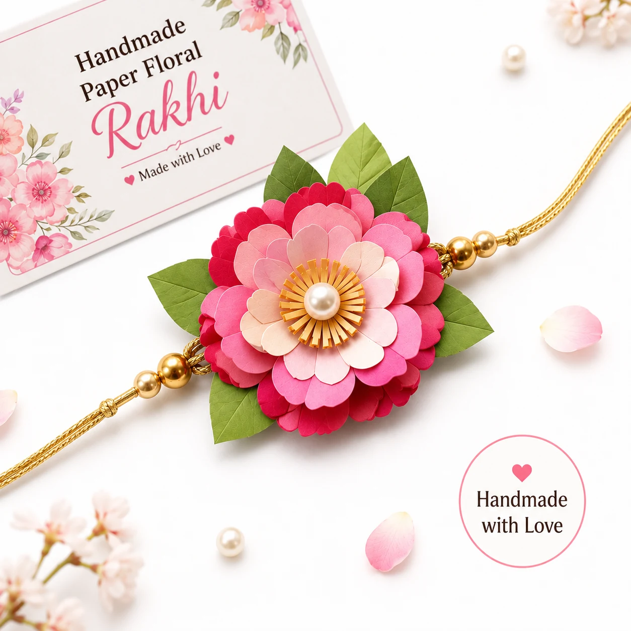 Handmade paper floral rakhi in pink with a gold thread