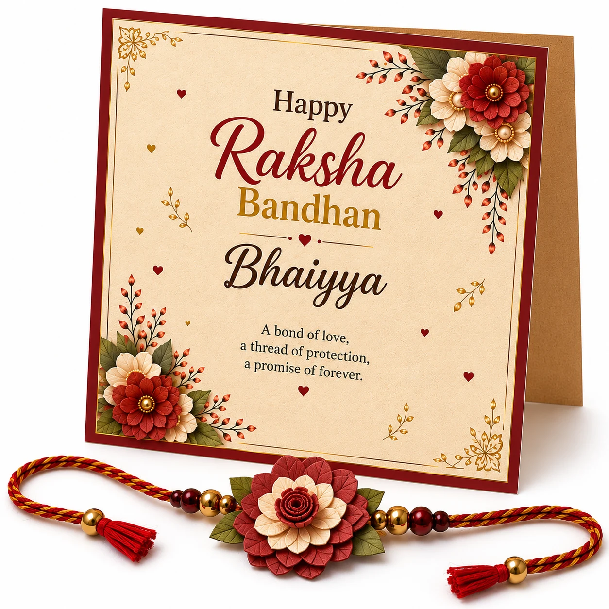 Happy Raksha Bandhan Bhaiyya card with a matching red floral rakhi