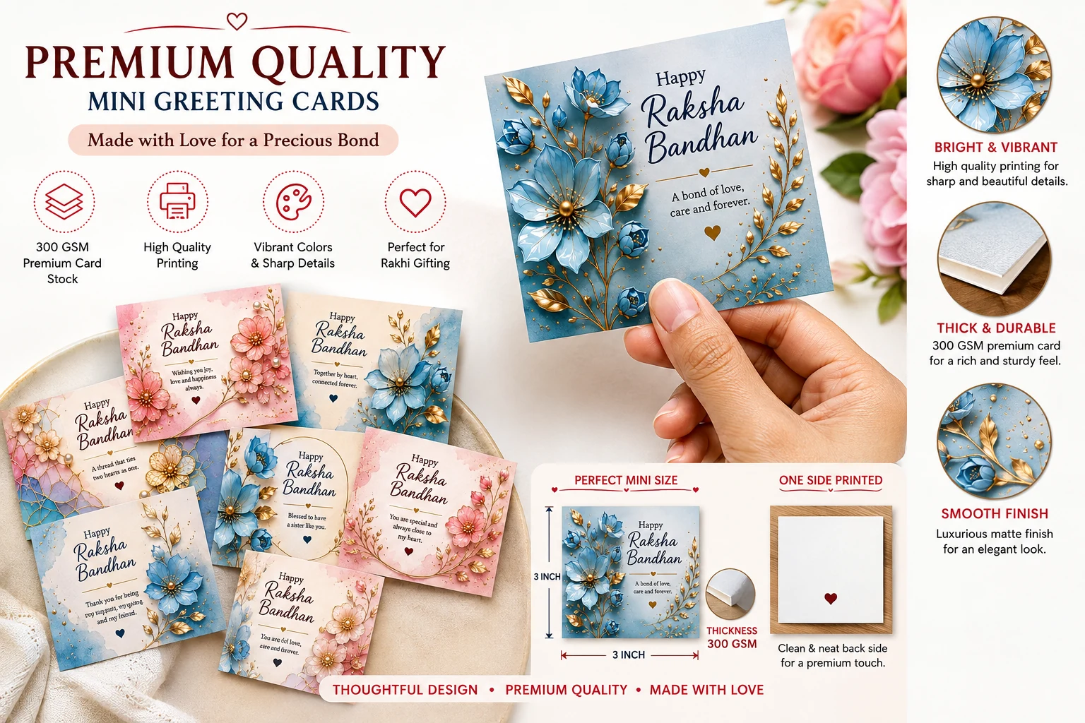 Raksha Bandhan mini greeting cards, 3 by 3 inches, with blue and pink floral designs