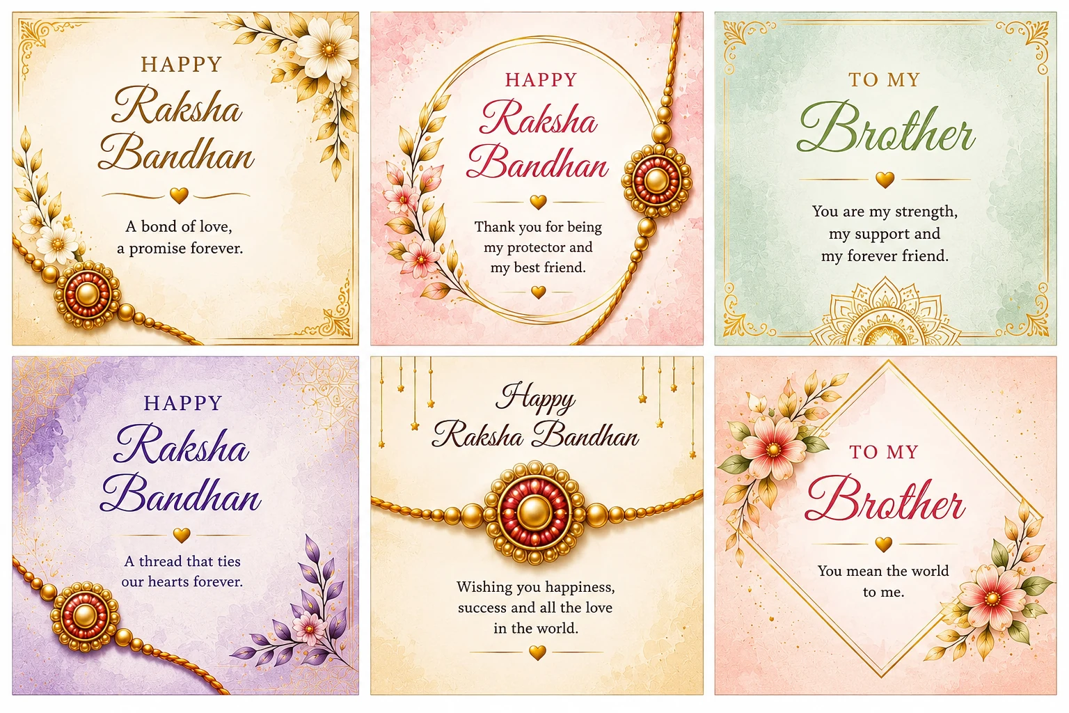 Six Raksha Bandhan square cards with rakhi illustrations