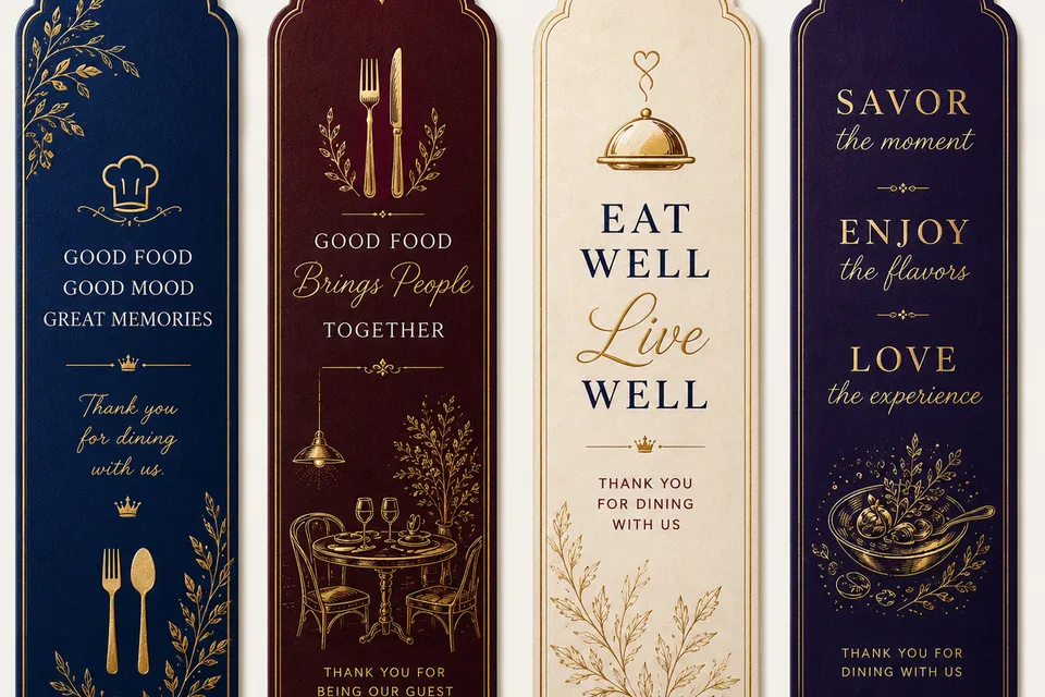 Four gold-on-navy, burgundy, cream and purple restaurant bookmarks saying Thank you for dining with us