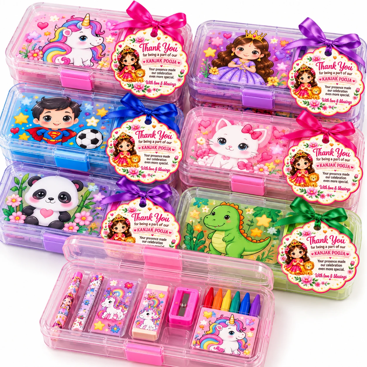 Kids' stationery boxes with cartoon designs and Kanjak Pooja thank-you tags