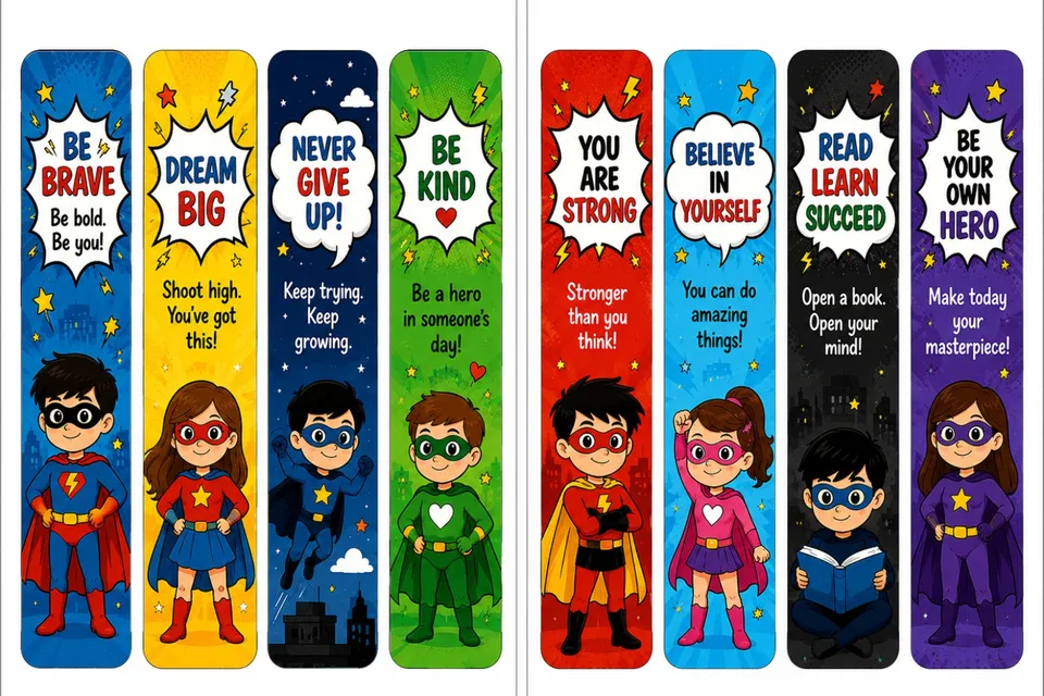 Eight superhero kids bookmarks with messages like Be Brave, Dream Big and Be Your Own Hero