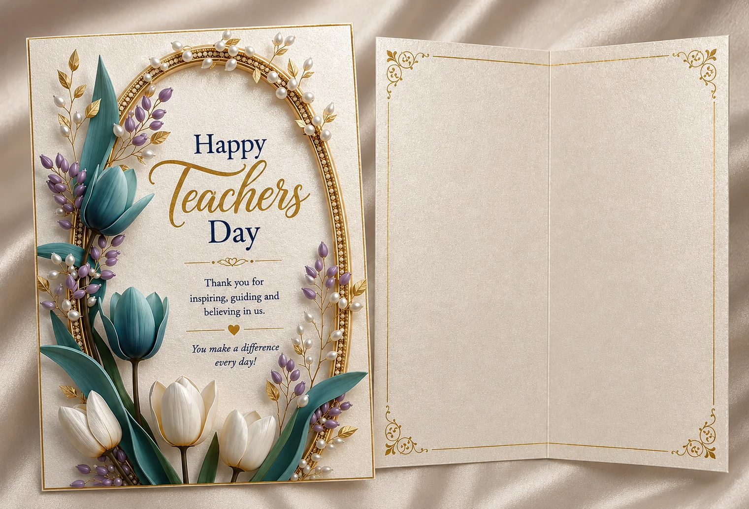 Happy Teachers' Day foldable greeting card with tulips, shown closed and open