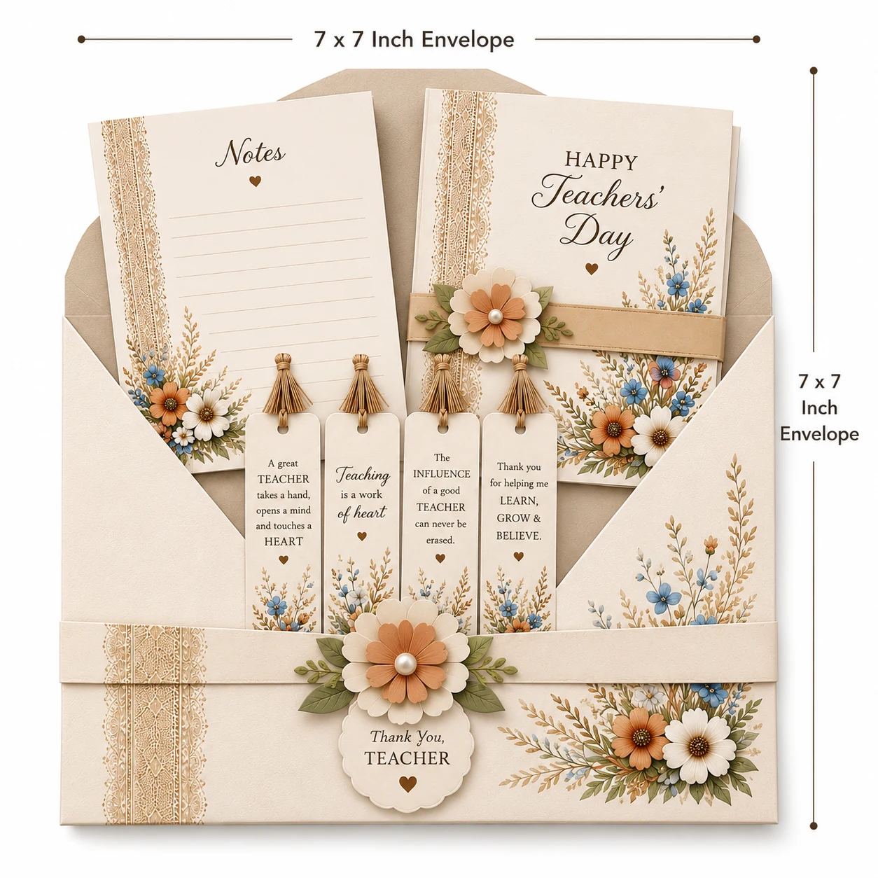 Teachers' Day 7 by 7 inch envelope gift set with a card, notes and four tassel bookmarks