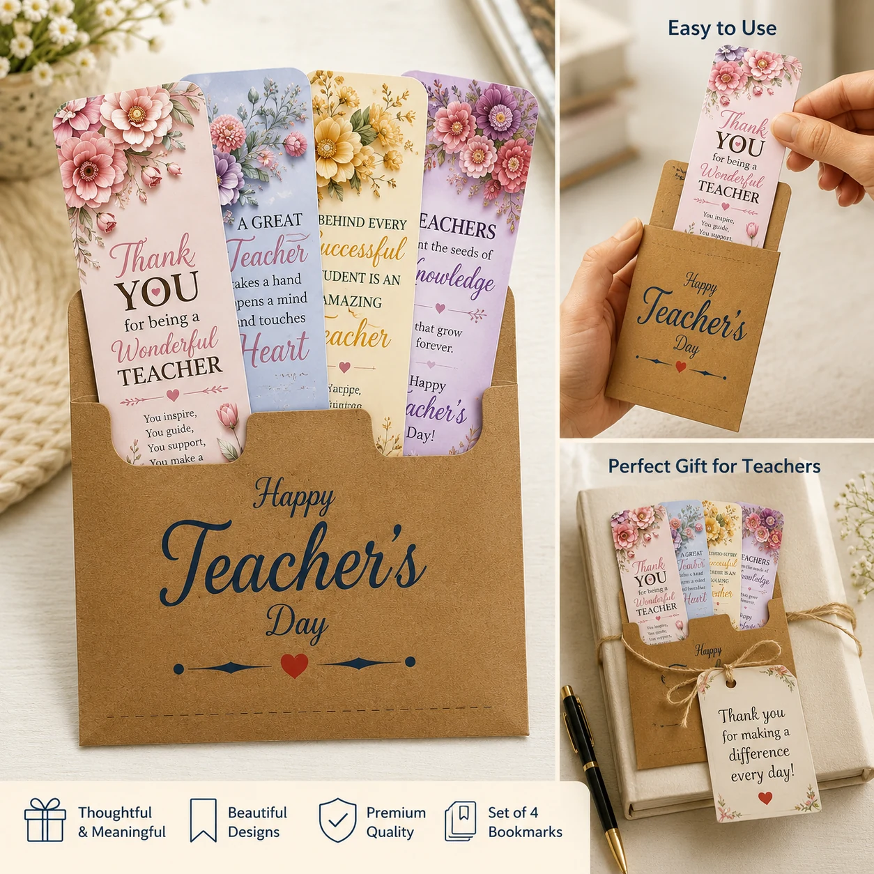 Four Teachers' Day bookmarks in a kraft envelope