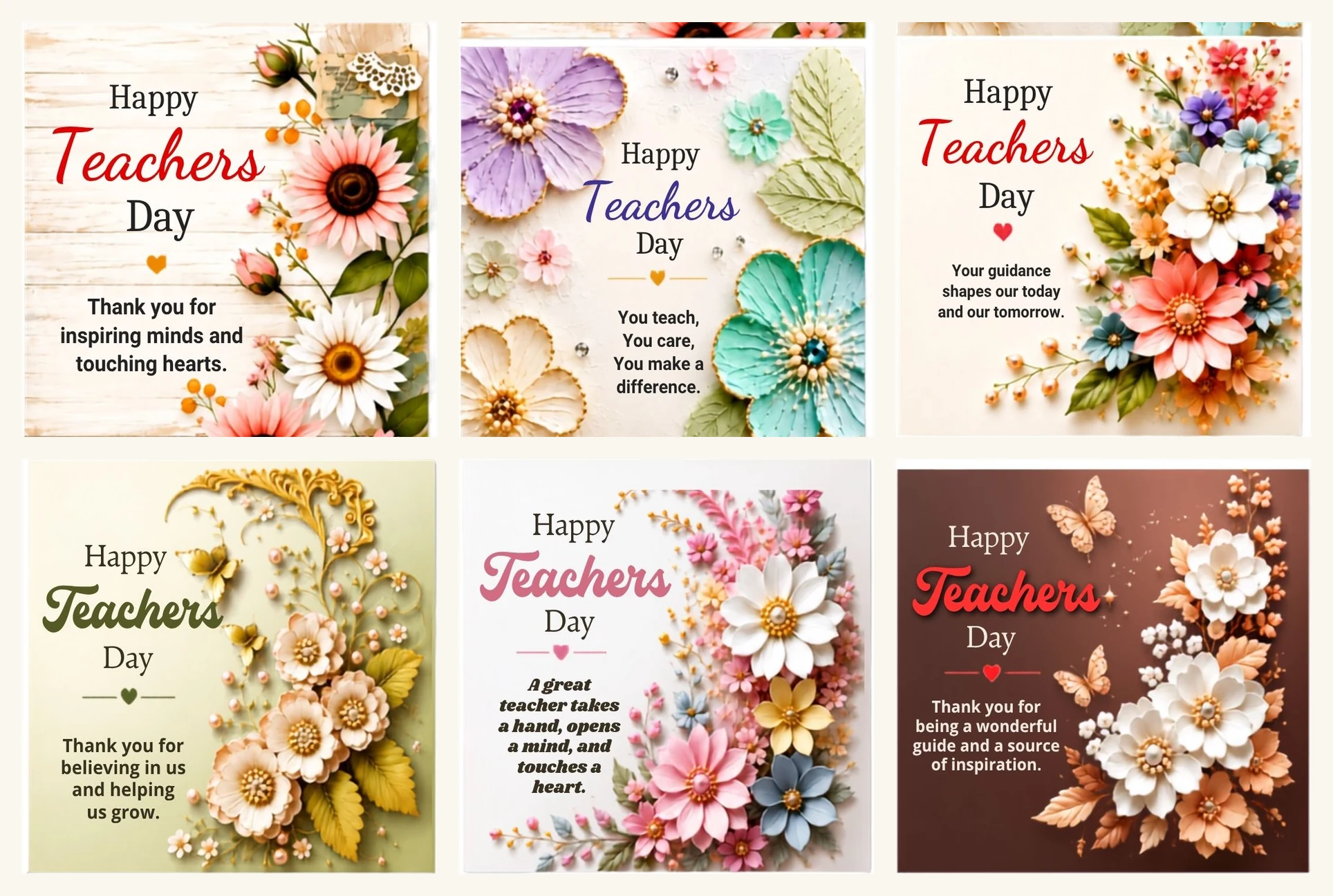 Six square Happy Teachers' Day cards with paper flower designs