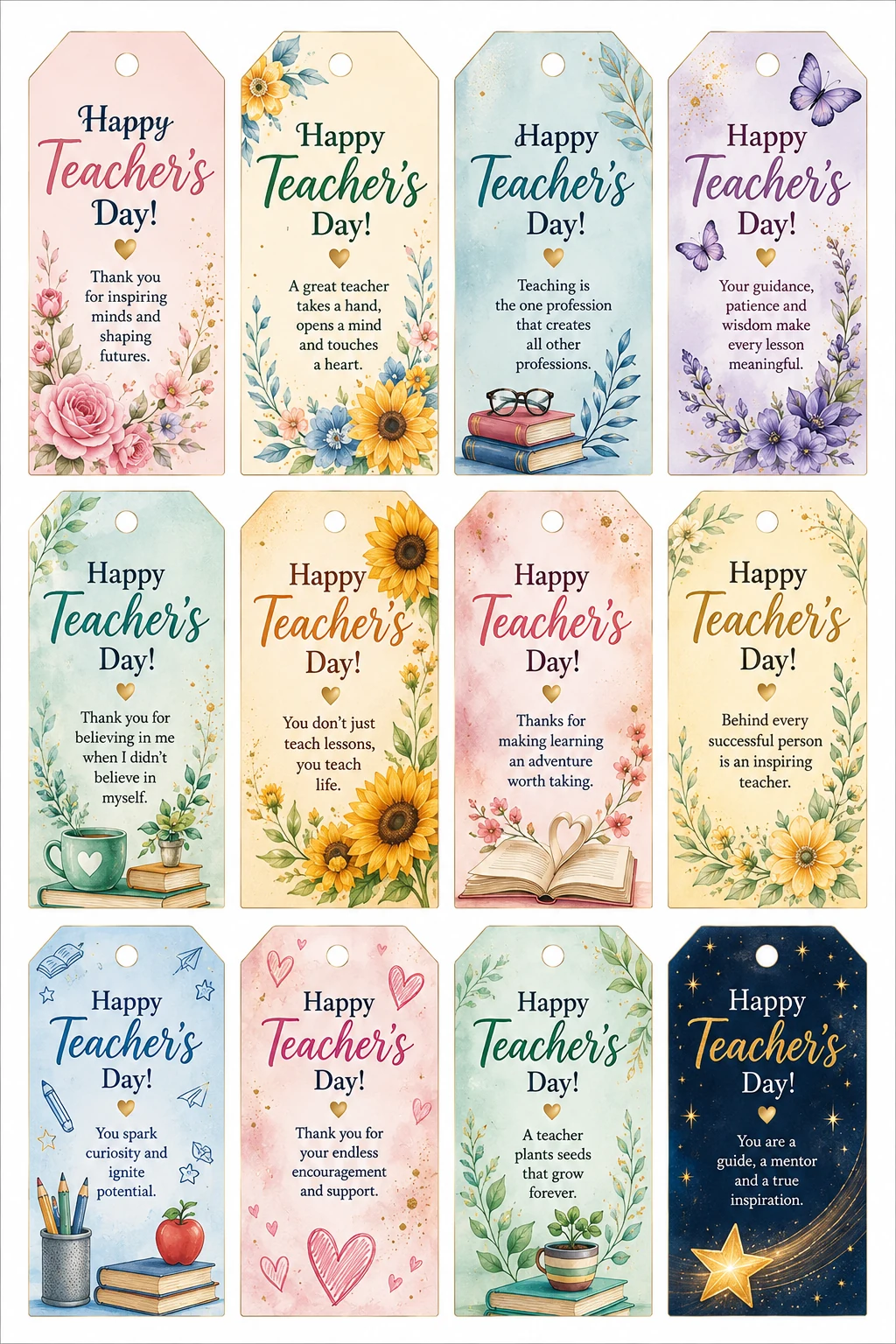Twelve Happy Teacher's Day gift tags with flowers, books and stars