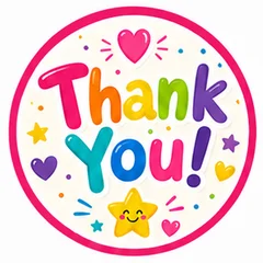 Colourful round Thank You sticker with hearts and a smiling star
